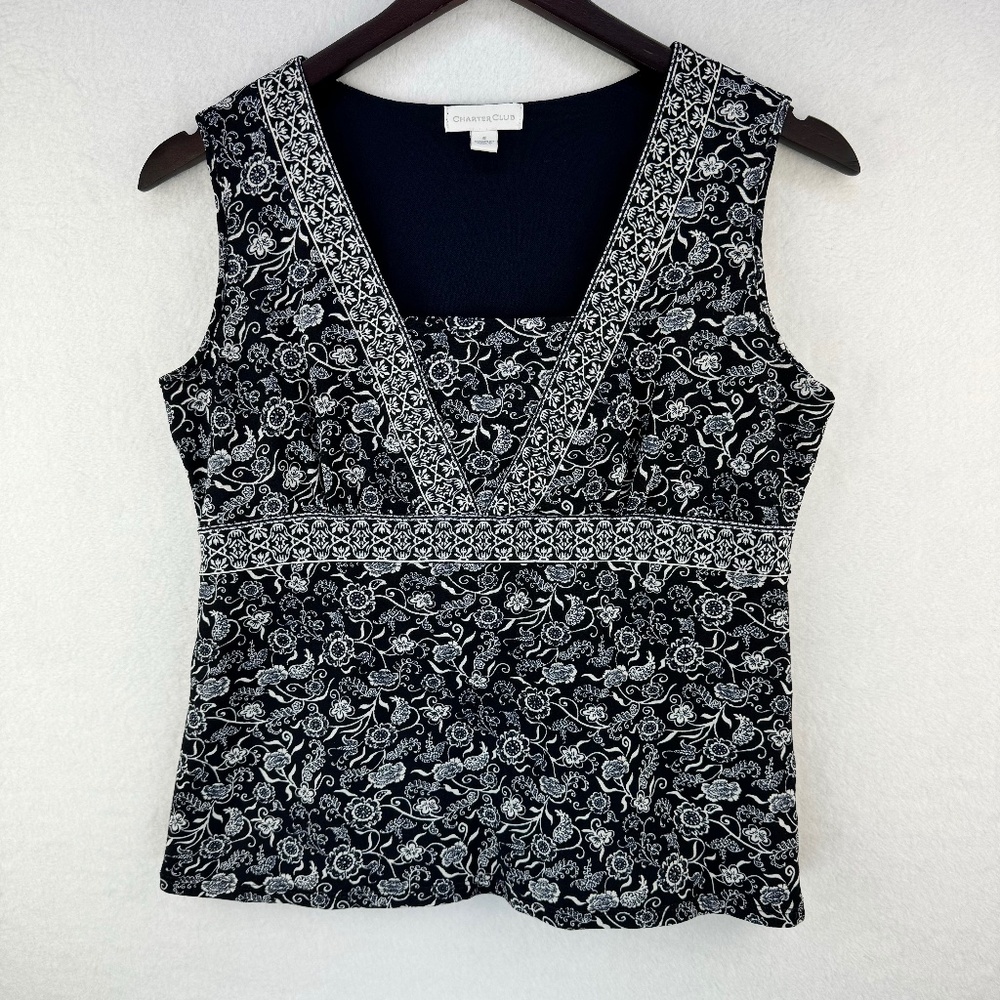 Charter Club Women Top Sz S Navy floral print v-neck sleeveless